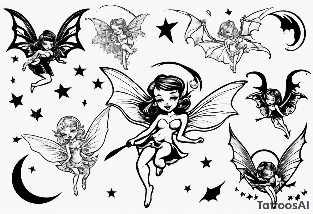 Tiny fairy flying with a bat tattoo idea