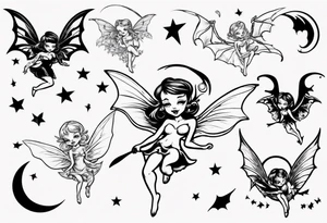 Tiny fairy flying with a bat tattoo idea