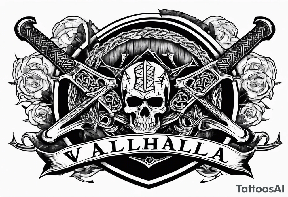 Valhalla sword round shield axe barbed wire chains tattoo idea