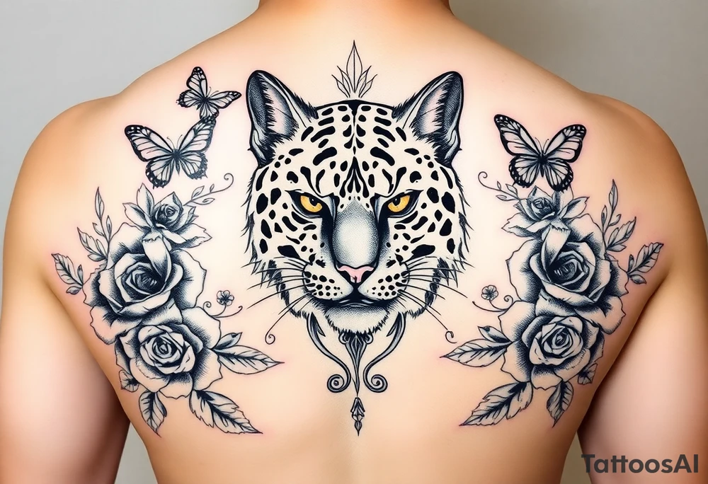 Elegant majestic feline surrounded by rose ornaments and butterflies tattoo idea