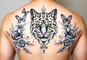 Elegant majestic feline surrounded by rose ornaments and butterflies tattoo idea