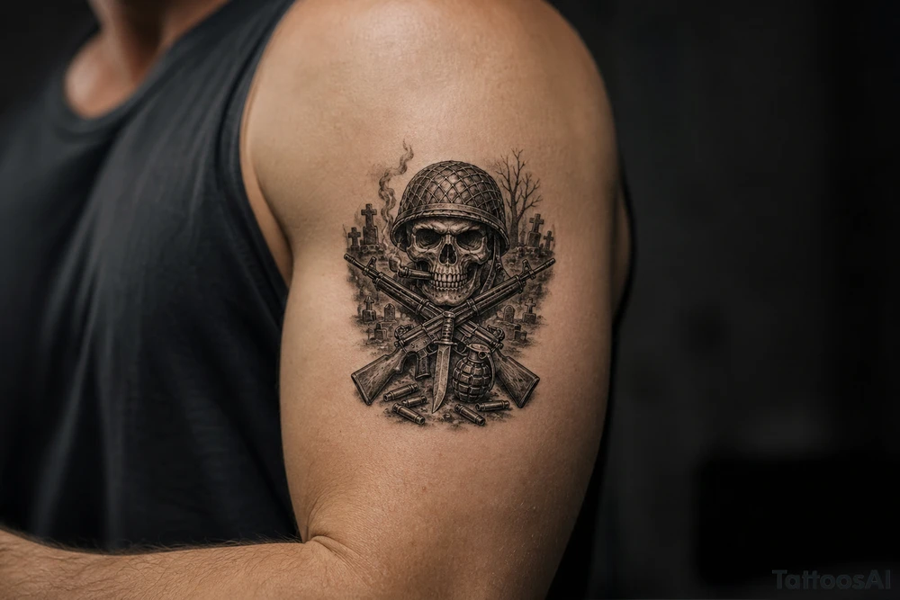 Graveyard scene with skull in helmet, cigar, crossed rifles, knife, grenade, cartridges, dark fantasy. tattoo idea