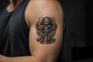 Graveyard scene with skull in helmet, cigar, crossed rifles, knife, grenade, cartridges, dark fantasy. tattoo idea