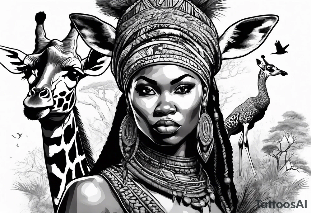 African woman warrior holding a spear with a mean look on her face with birds in the background and giraffe tattoo idea