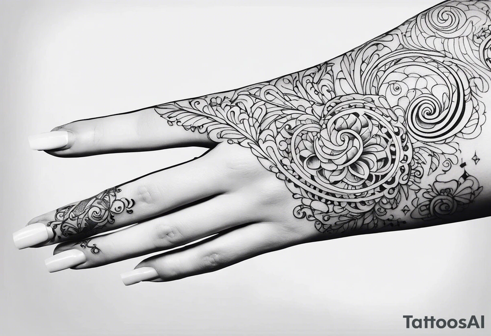 Swirls and whirls of lace covering fingers and forearm tattoo idea