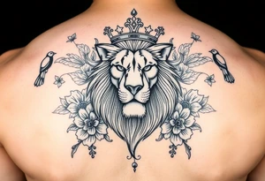 powerful majestic lion with a crown, surrounded by floral ornaments and birds tattoo idea