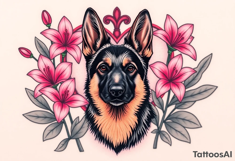 short haired german shepherd with alert ears surrounded by pink lilies with large leaves in front of a sacred heart tattoo idea