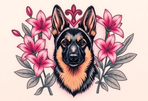 short haired german shepherd with alert ears surrounded by pink lilies with large leaves in front of a sacred heart tattoo idea