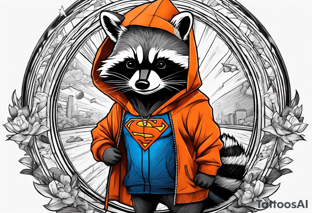 Raccoon wearing an orange Superman hoodie tattoo idea