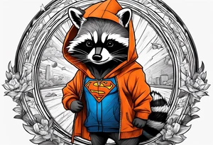 Raccoon wearing an orange Superman hoodie tattoo idea