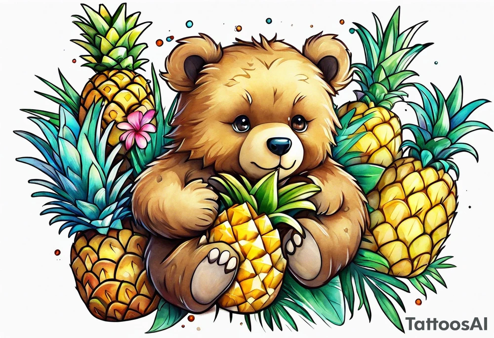 bear hugging pineapple tattoo idea