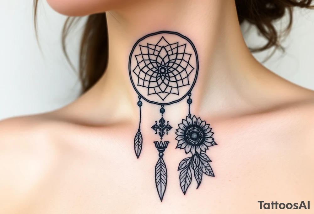 Dreamcatcher with zodiac symbols and protection runes caught in it with tigerlillies roses and sunflowers tattoo idea