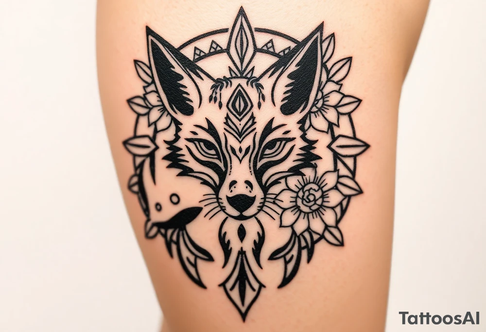 draw a fox with flowers hiper realistic skin tattoo idea