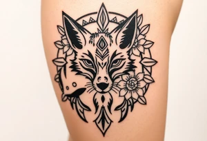 draw a fox with flowers hiper realistic skin tattoo idea