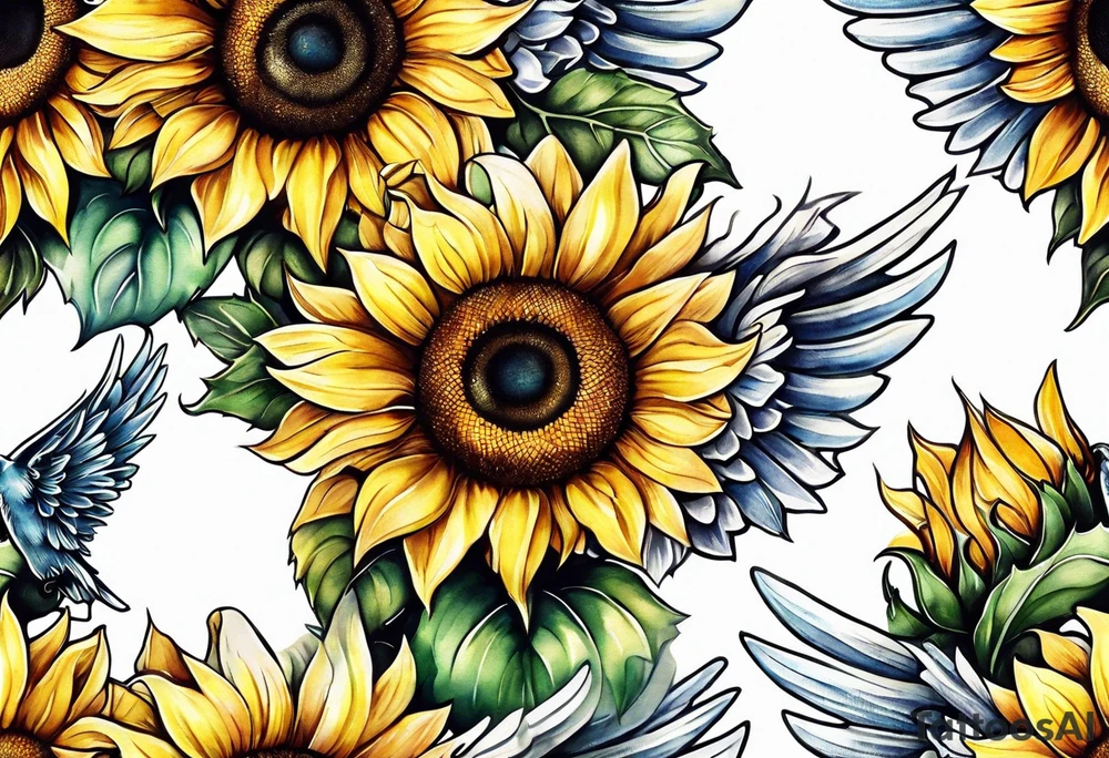Sunflowers and angel wings leg sleeve tattoo idea