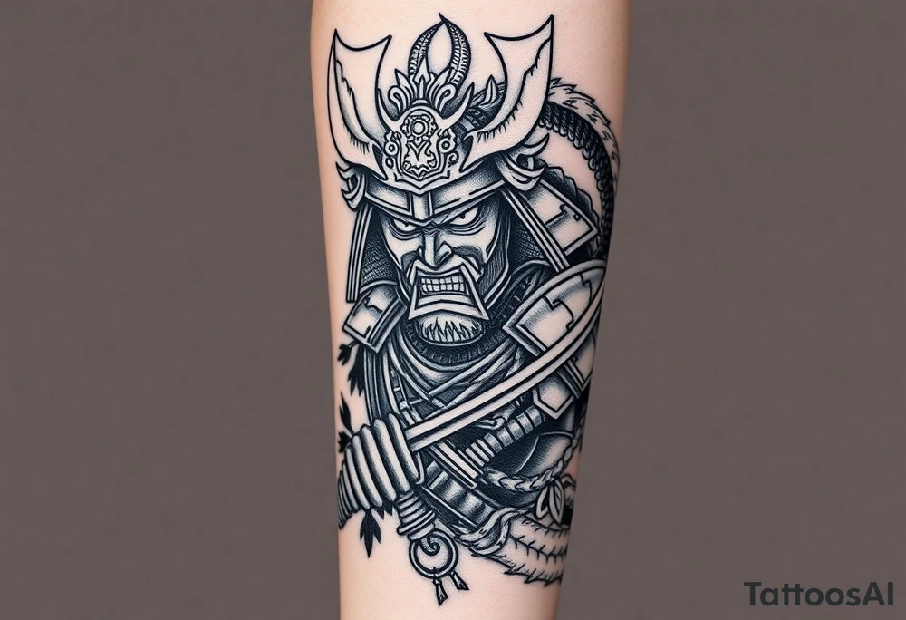 Japanese samurai warrior with armor and katana sword, fierce expression, traditional helmet, Japanese dragon wrapped around, black and grey ink tattoo style, ornamental linework, sketch-style shading, designed for forearm tattoo with full sleeve expansion tattoo idea
