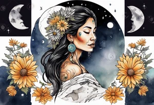 a beautiful 40-year-old Anishinaabe woman wearing black and white robes standing on the moon with a chrysanthemum in her hair tattoo idea