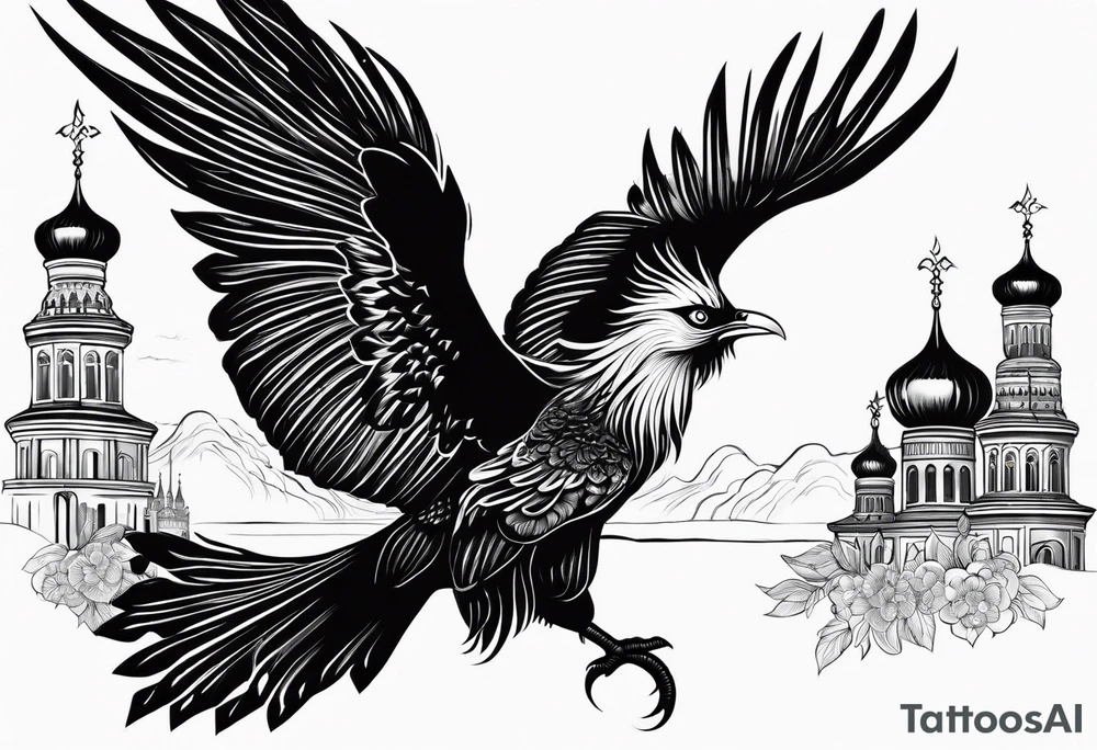 russian firebird in-flight with long fancy tail and 3 small onion cap monastery towers in background, with "Isaiah 43: 18-19" tattoo idea