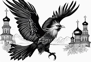 russian firebird in-flight with long fancy tail and 3 small onion cap monastery towers in background, with "Isaiah 43: 18-19" tattoo idea