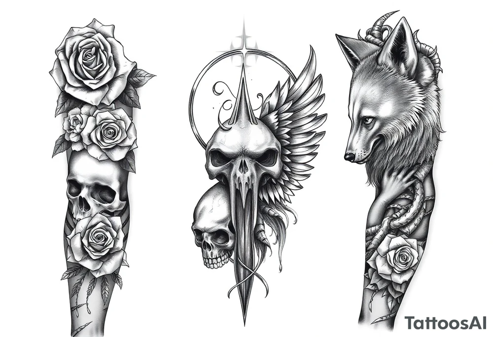 Roses and skulls and wolfs and the death of a angel in a tribal format tattoo idea