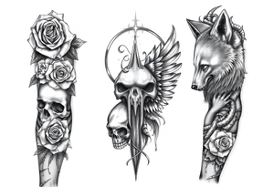 Roses and skulls and wolfs and the death of a angel in a tribal format tattoo idea