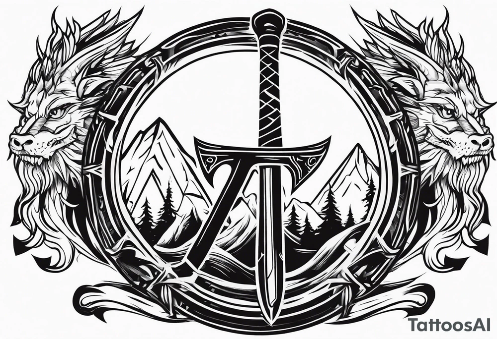 Valhalla sword shield dragon axe Valknut fire tattoo idea Valhalla sword shield dragon axe Valknut fire tattoo idea