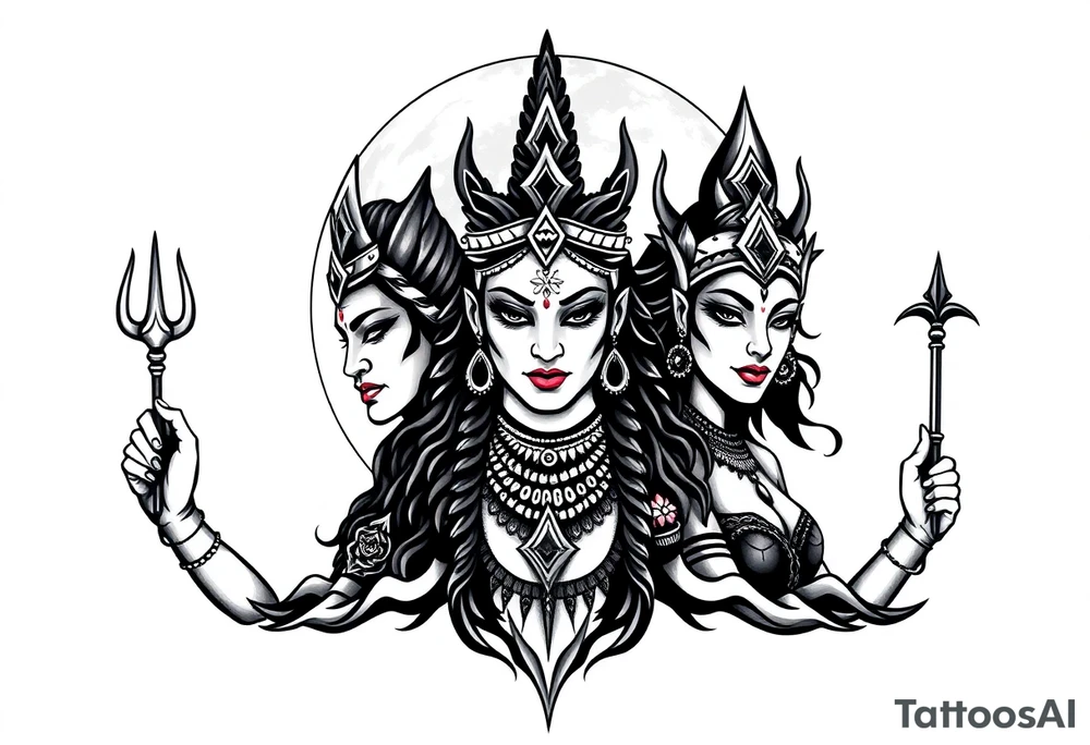 Lord Shiva, Godess Kali, Godess Lilith Together with the moon in the background tattoo idea