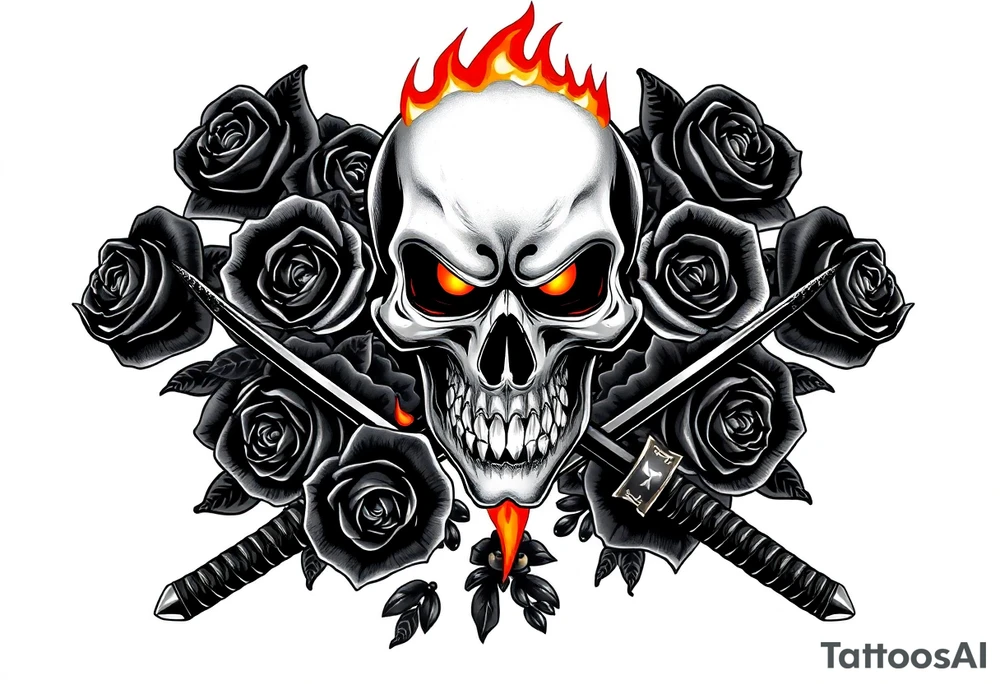 A skull burning intensely, katanas crossed, surrounded by dark roses. tattoo idea
