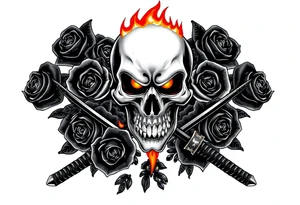 A skull burning intensely, katanas crossed, surrounded by dark roses. tattoo idea