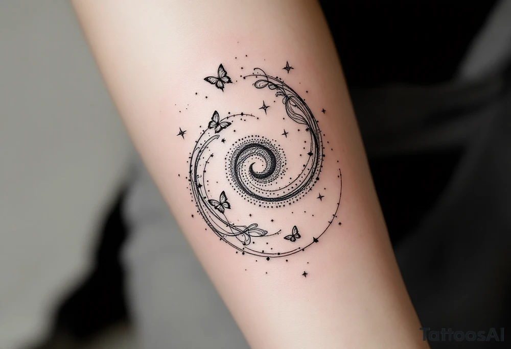 A minimalist dotwork tattoo design in the shape of a spiral galaxy. In the center, a small octopus is subtly integrated into the swirl, with flowing tentacles that extend along the spiral arms. The tentacles transform into elegant, curving lines resembling the flowing tails of koi or betta fish, partially in black ink and partially in fine red lines. Small stars are scattered throughout the galaxy shape, and two delicate butterflies hover near the edges. cosmic abstraction style, dotwork, fine line, with elements of Japanese graphic tattoo flow, minimalist octopus tattoo idea