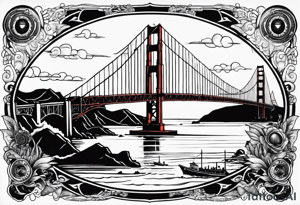 Golden Gate Bridge with Coast Guard rescue and radio tower in the background tattoo idea