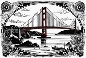 Golden Gate Bridge with Coast Guard rescue and radio tower in the background tattoo idea
