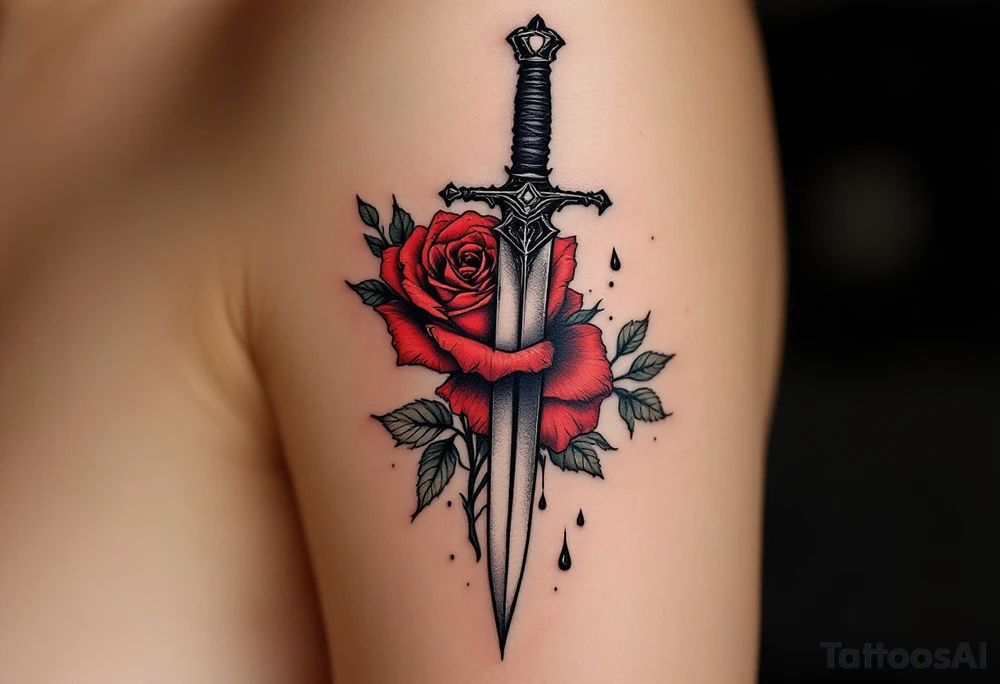 A black dagger piercing a red rose, with droplets of ink dripping from the wound, representing sacrifice, love, and the struggle for truth. tattoo idea