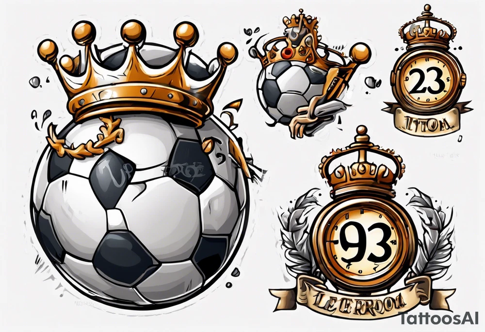 Ballon de football avec le numéro23 ,  une horloge avec une couronne,  le tout avec au fond un taureau tattoo idea