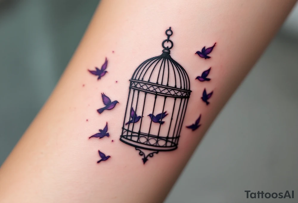 A purple open cage with flying birds illustrates release from mental confinement. tattoo idea