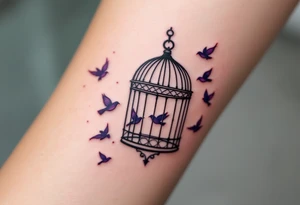 A purple open cage with flying birds illustrates release from mental confinement. tattoo idea