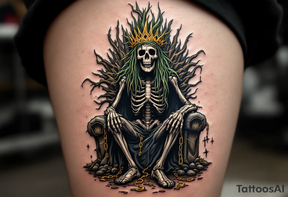 Drowned Pirate King – A skeletal pirate in a decayed, seaweed-covered crown, sitting on a barnacle-crusted throne at the bottom of the sea. His empty eye sockets  and broken golden chains dangle from his wrists. tattoo idea
