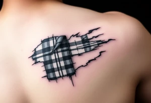 Scotland the brave tartan on left shoulder with skin peeling back to reveal tartan underneath tattoo idea