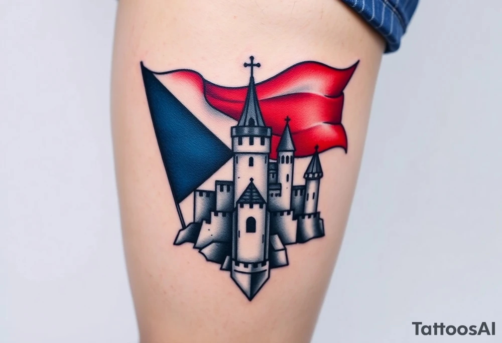 A typical Czech flag waving behind a medieval castle tattoo idea