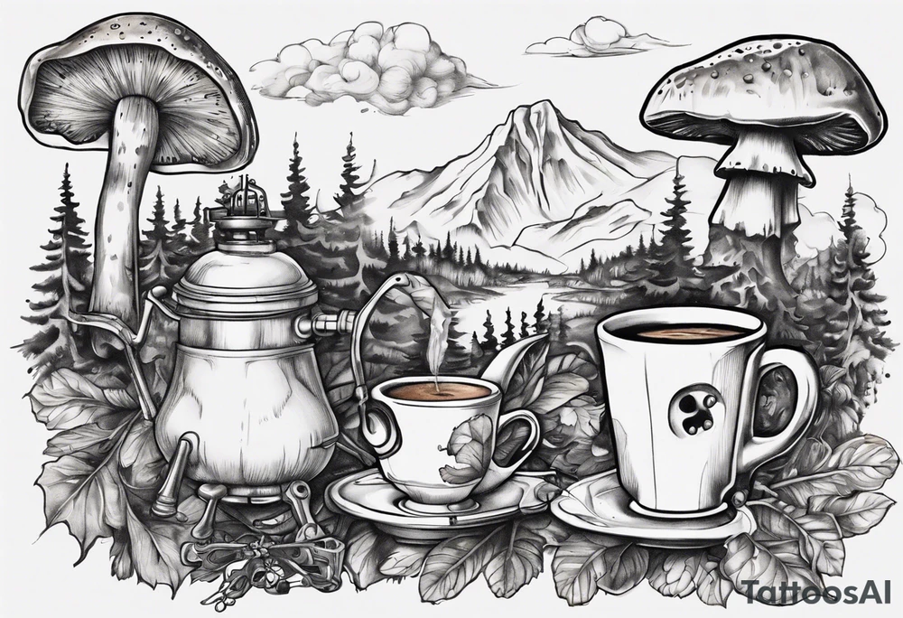 mounting landscape with little boletus in the forest.
Add in a middle an antique clock at 9:44pm. across the tattoo a cinema film. And on top a deck of poker cards

Grandma's walking stick
An Italian coffee maker tattoo idea