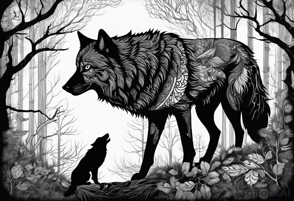 main character is an impressive wolf, a crow talks to the wolf, background a gloomy mysterious forest tattoo idea