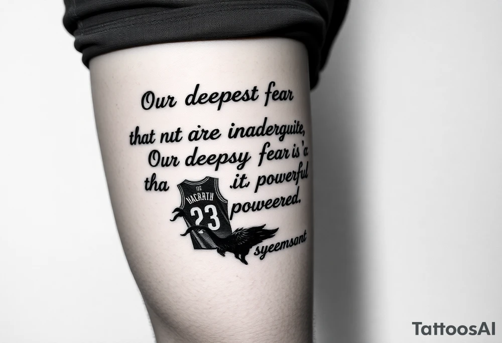 the quote is “ Our deepest fear is not that we are inadequate, Our deepest fear is that we are powerful beyond measure” intertwined with meaningful basketball jerseys or events tattoo idea