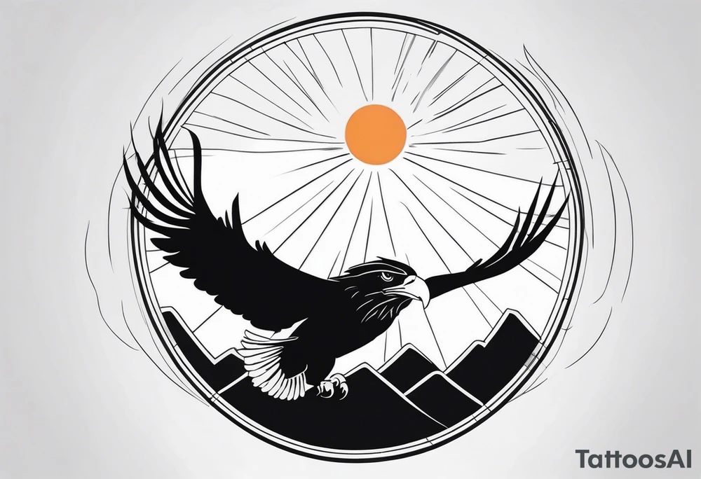black and white, a flying eagle and a rising sun tattoo idea