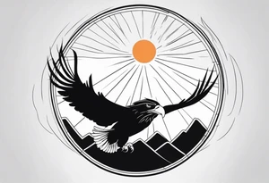 black and white, a flying eagle and a rising sun tattoo idea