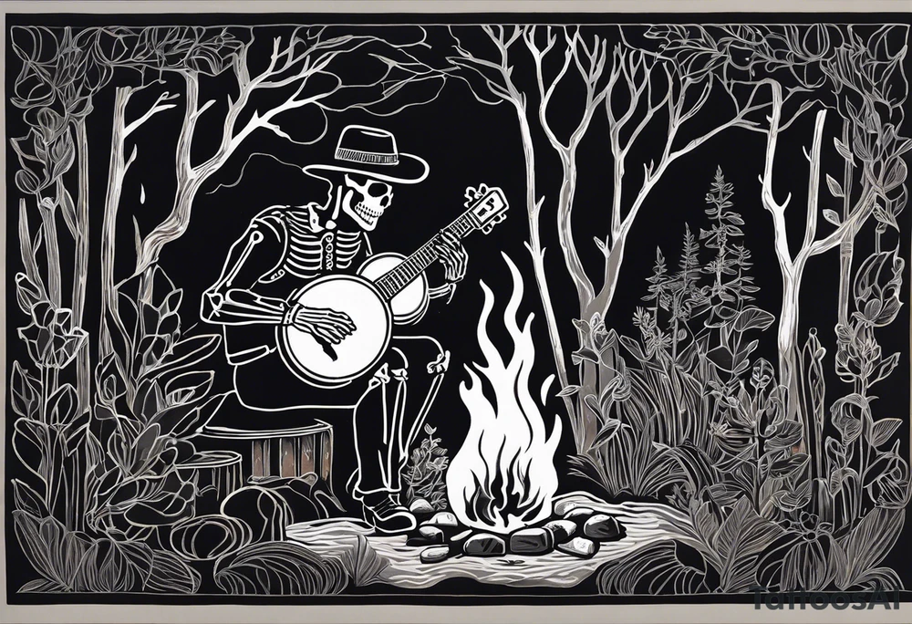 Foreground: The skeleton in a coal miner's hat, animatedly playing the banjo. The light from the campfire illuminates the skeleton and the nearby surroundings, casting intricate shadows.
Midground: The glowing campfire, with flames realistically designed in black and grey shades to emphasize movement and light.
Background: Subtle outlines and shading of rhododendron plants, giving a natural and dense feel to the woods. These can be stylized to blend seamlessly with the style of the tattoo.
Sky: A night sky speckled with stars, adding depth and a sense of time to the scene, with the stars providing a contrast against the dark sky. tattoo idea