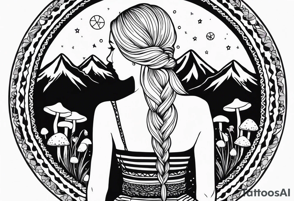Straight blonde hair girl facing away toward mountains surrounded by mushrooms crescent moon mandala circular design black and white striped dress "8" braided into hair tattoo idea