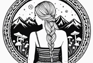 Straight blonde hair girl facing away toward mountains surrounded by mushrooms crescent moon mandala circular design black and white striped dress "8" braided into hair tattoo idea