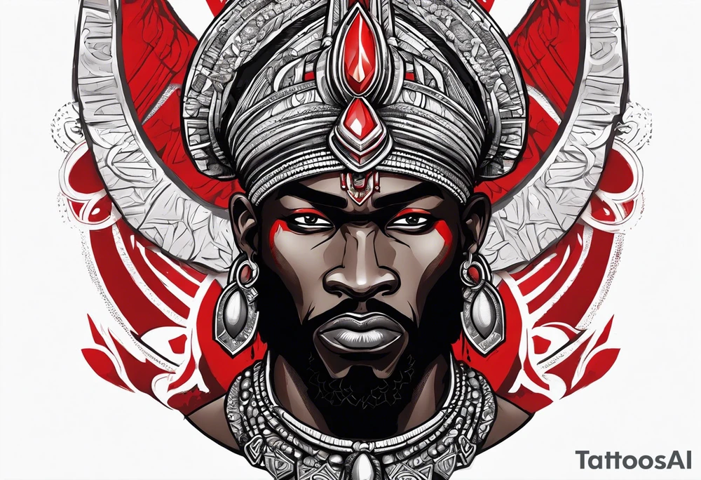 african god of war,  wearing a small silver crown and wearing a red necklace tattoo idea