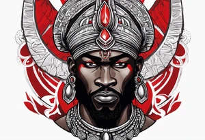 african god of war,  wearing a small silver crown and wearing a red necklace tattoo idea