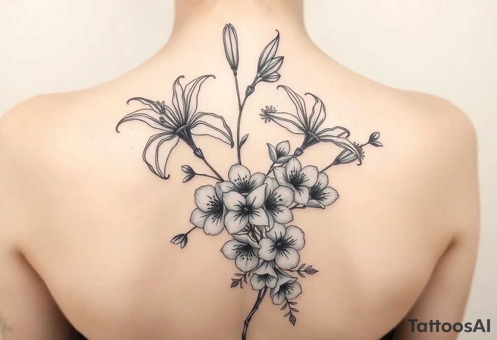 spider lily plants with cherry blossoms in a floral wrap on the arm tattoo idea